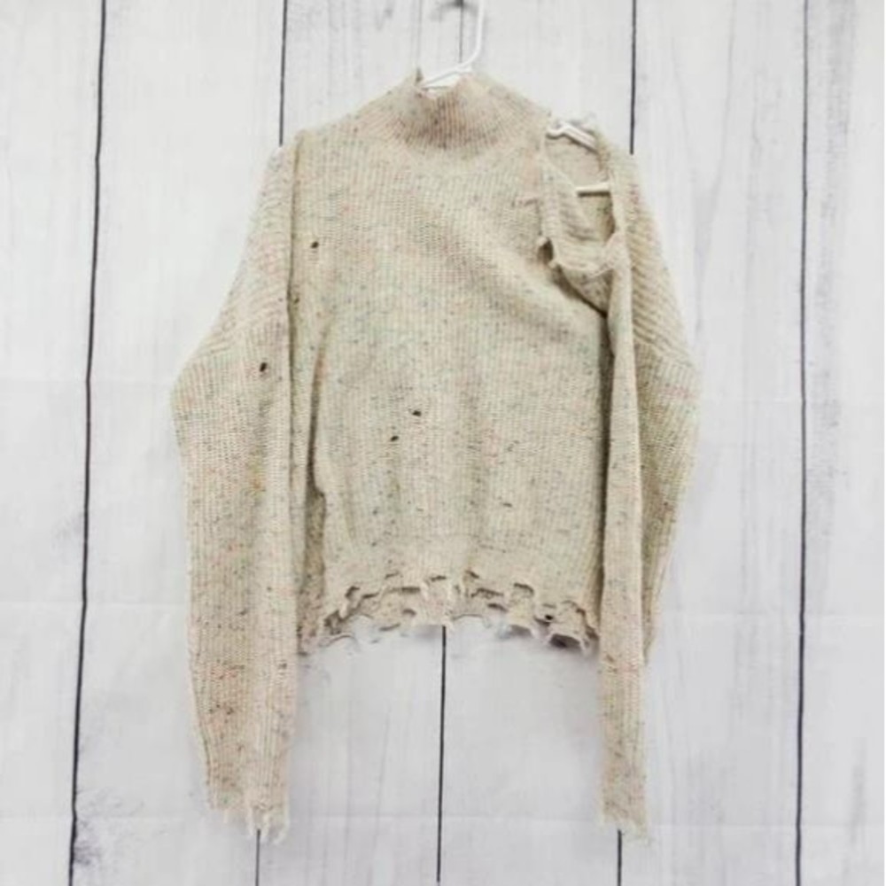 Coeur De Vague Women beige distressed trim cutout turtleneck sweater Size L - Picture 3 of 4